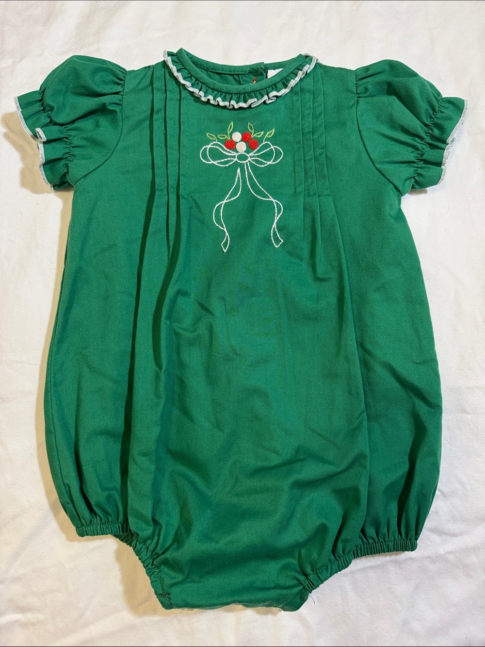 The Proper Peony Green Baby Bubble Romper with Bow Embroidery - 12 months
